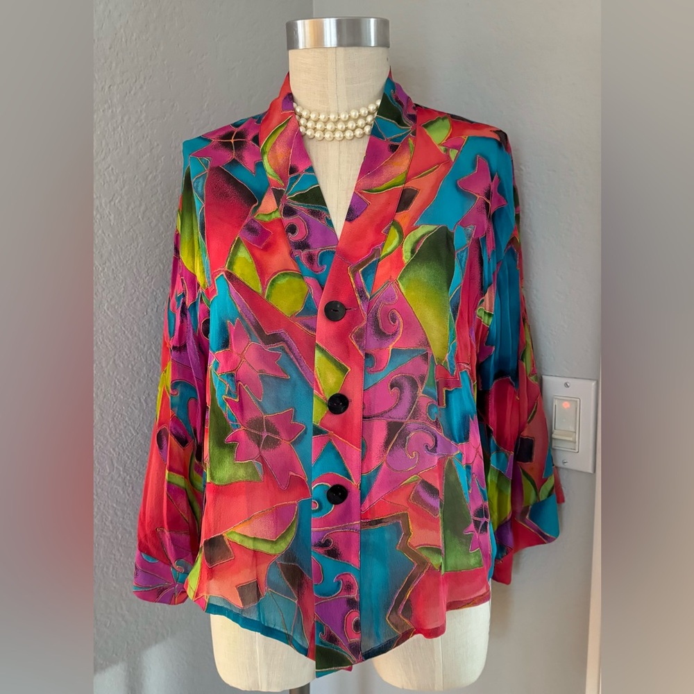 100% Silk Chicos Funky Colorful Button Down Top 1